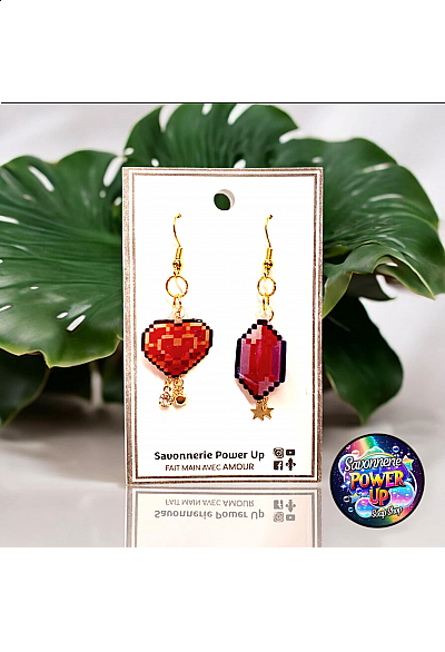 Boucles d'Oreilles Zelda Par Power Up - Coeur et Rupee Rouge
