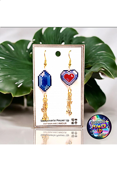 Boucles d'Oreilles Zelda Par Power Up - Heart Container et Rupee Bleu