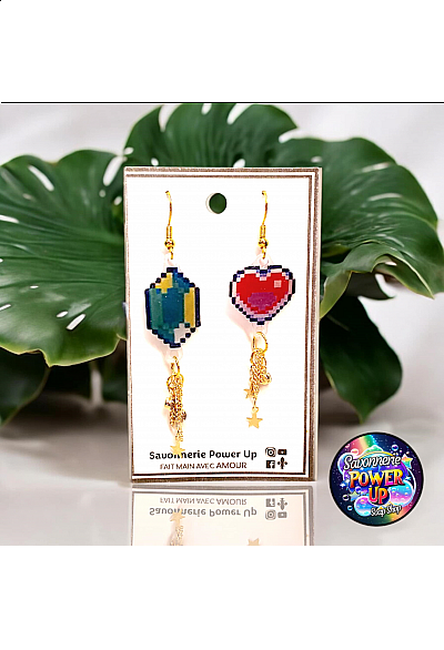 Boucles d'Oreilles Zelda Par Power Up - Coeur Rouge et Rupee Vert