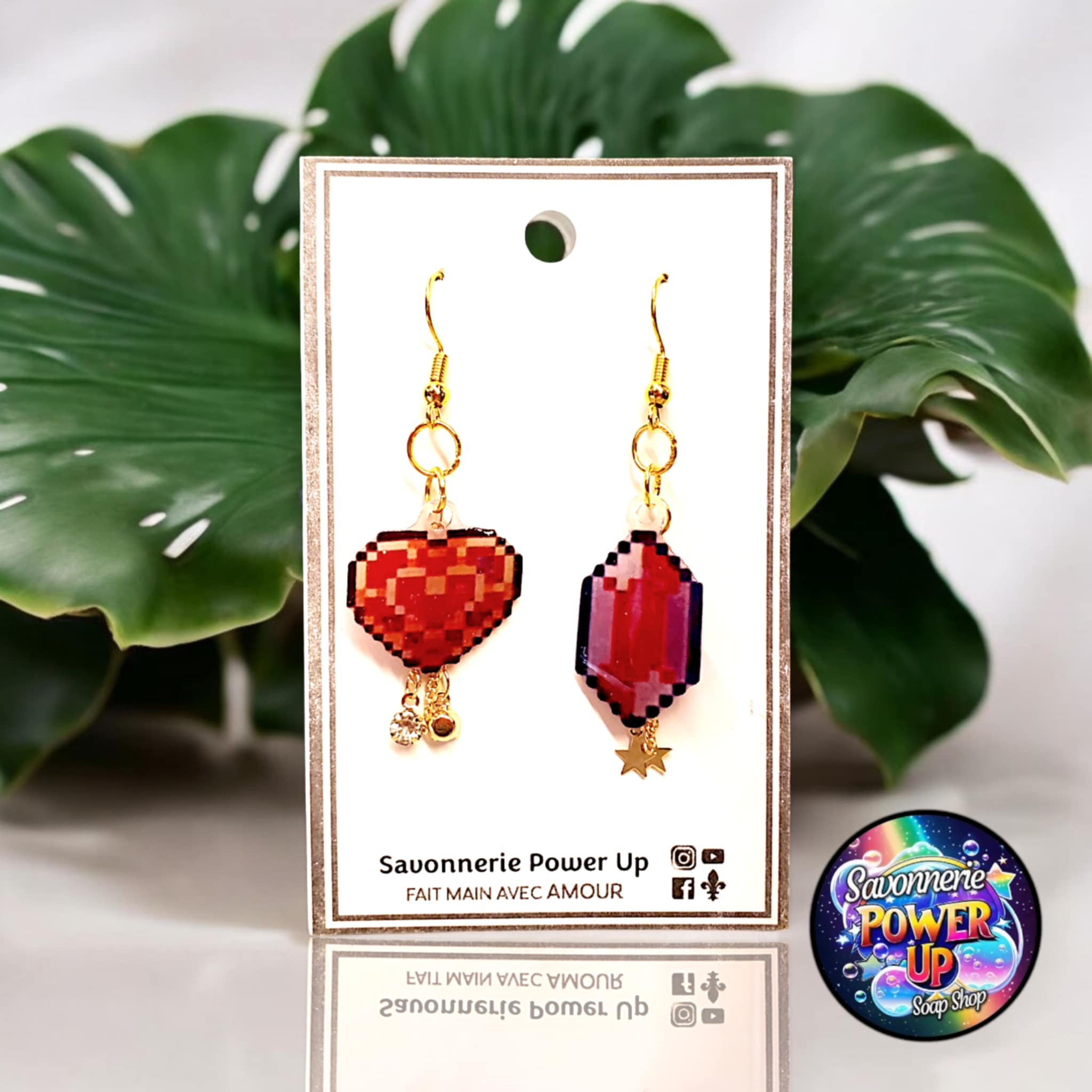 Boucles d'Oreilles Zelda Par Power Up - Coeur et Rupee Rouge