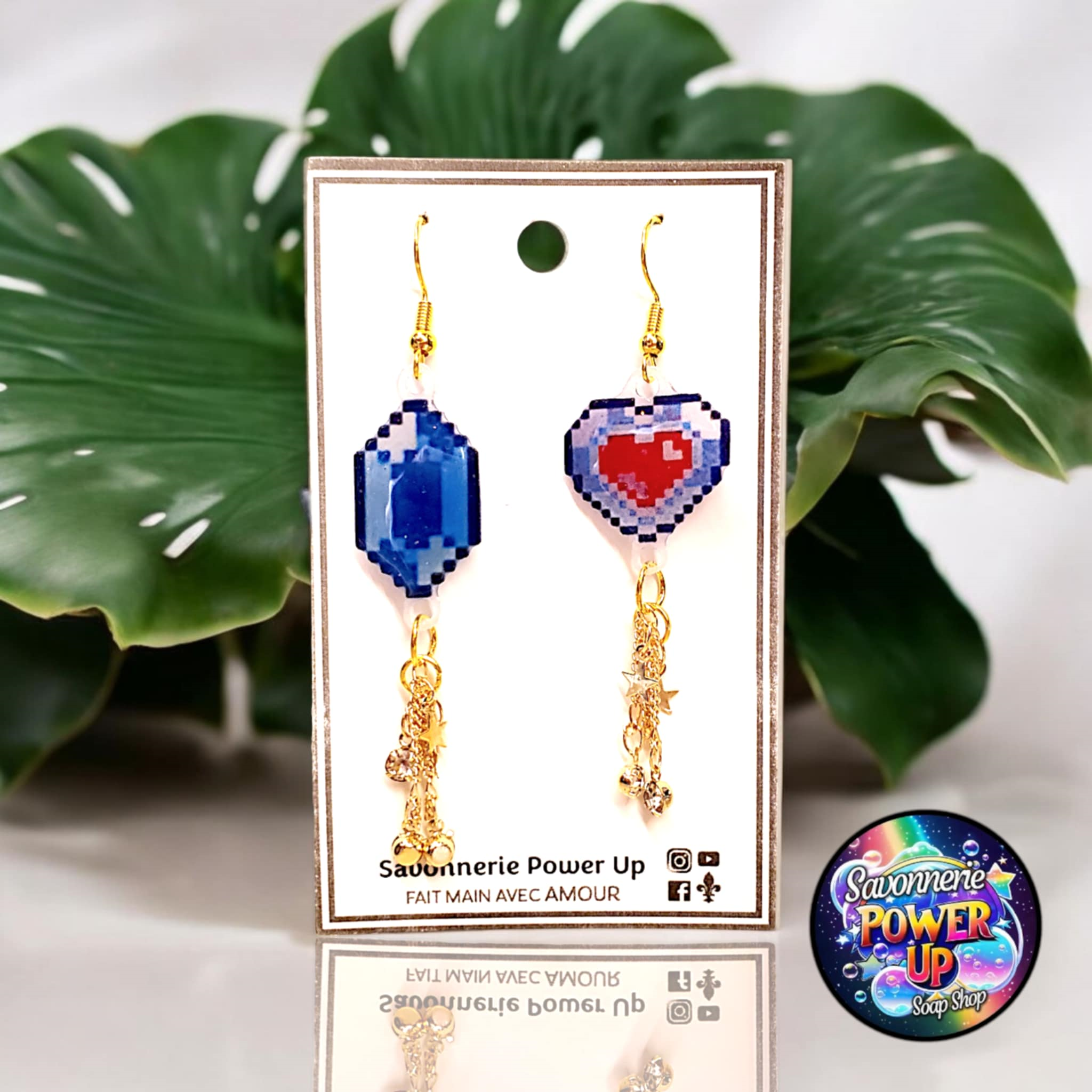 Boucles d'Oreilles Zelda Par Power Up - Heart Container et Rupee Bleu