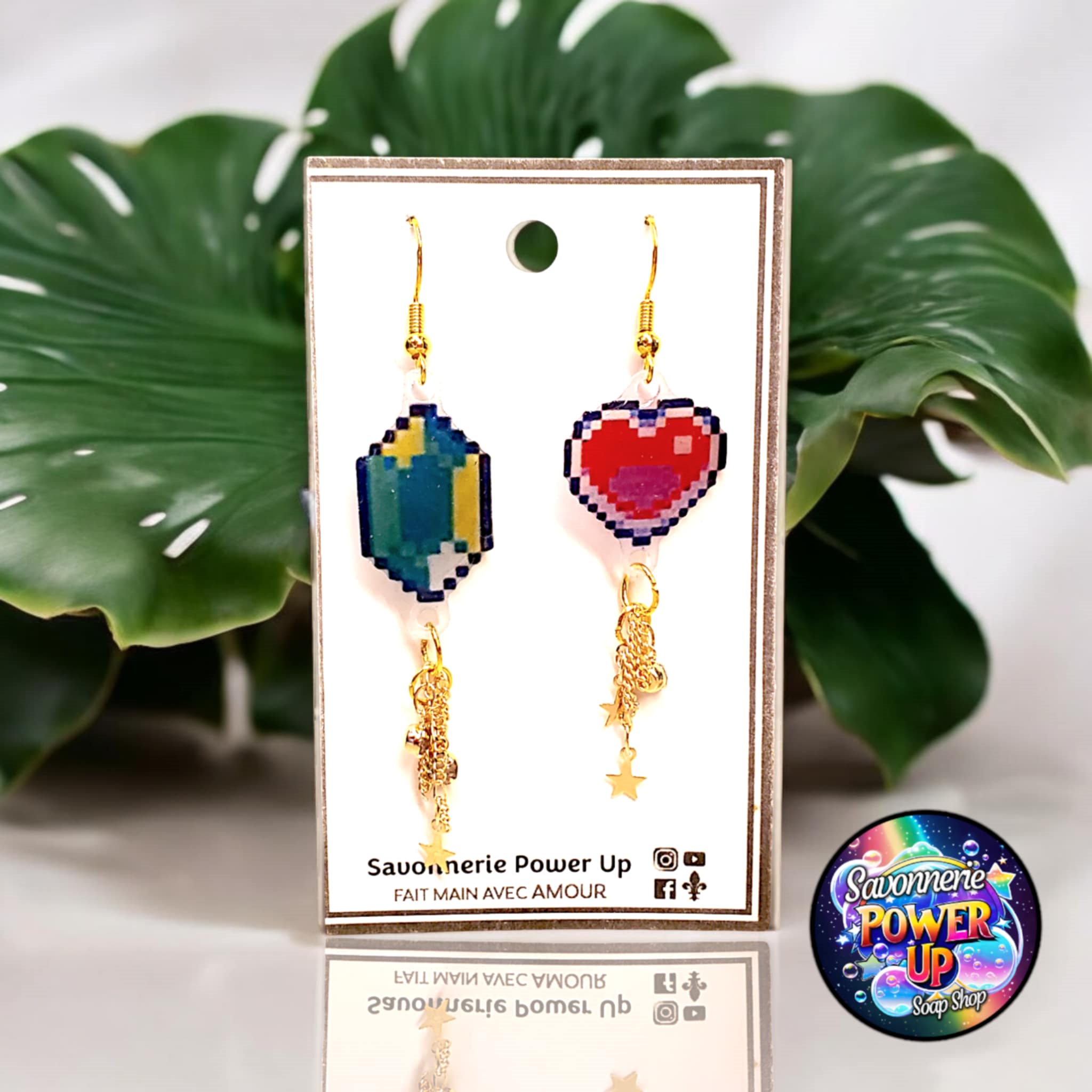 Boucles d'Oreilles Zelda Par Power Up - Coeur Rouge et Rupee Vert